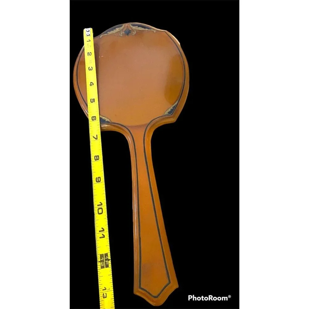 Art Deco Vanity Hand Held Beveled 13” Mirror Celluloid Bakelite‎ Amber